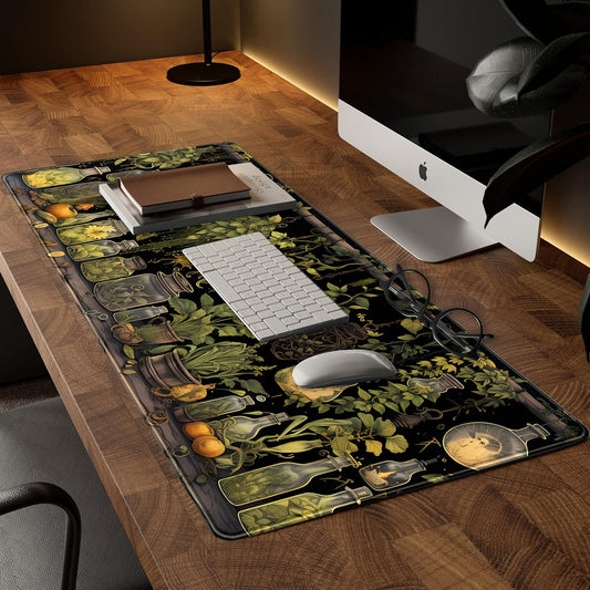 Desk Mat Green Plants Mouse Pad Gaming Mat Dark Keyboard Mat, Long Mouse Mat XXL Extended Desktop Mat Magical Bottles Computer Mats with Stitched Edges, Office Desk Accessory 31.5" x 15.7"