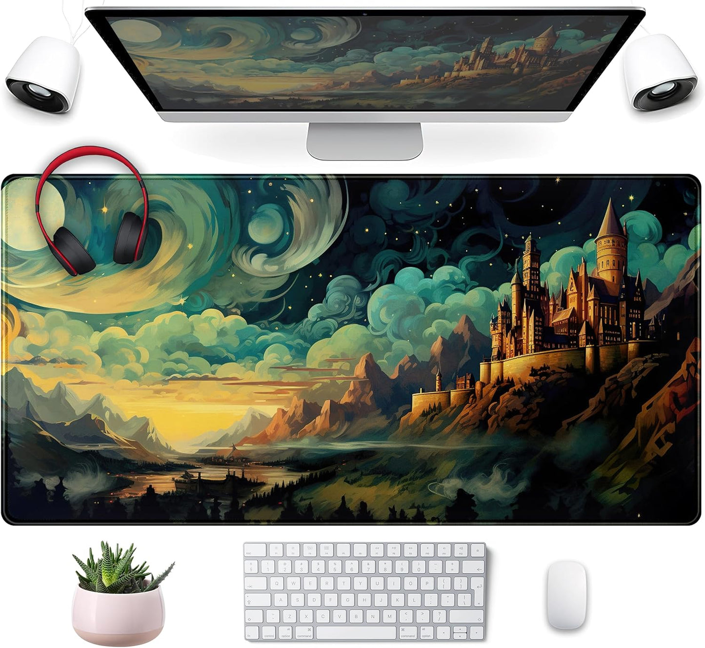 Cool Aesthetic Castle Mouse Pad Desk Pad Cute Cloudy and Starry Desk Mat, Office Desk Decor Anime Mousepad Laptop Keyboard and Mouse Mat, XXL Large Extended Gaming Deskmat for Girl 31.5x15.75 in