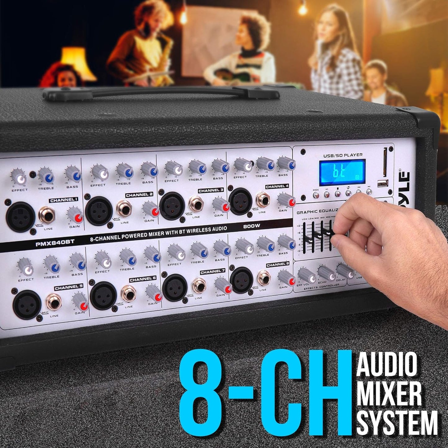 PyleUsa 8 Channel Bluetooth Stage Powered Mixer, 800 Watt Pro Audio Sound Mixer, MP3 USB SD Readers, Aux Input, Digital LCD Display, Built in Cooling Fan
