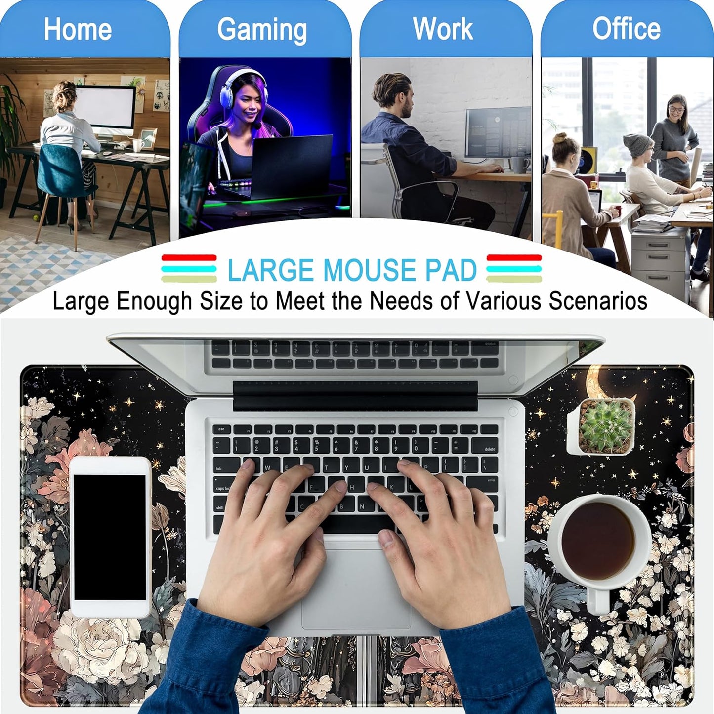 Cute Vintage Floral Mouse Pad Warrior Gaming Desk Mat Retro Flowers Mousepad XXL Large Extended Boho Aesthetic Desk Pad, Laptop Computer Keyboard Mouse Mat, Desktop Pad Mat for Women 31.5x15.7 in