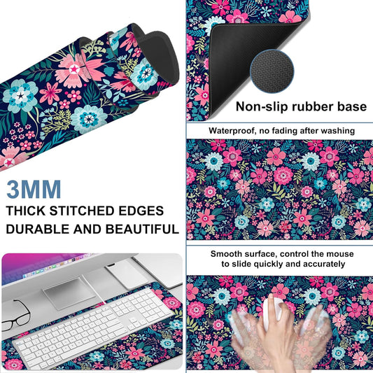 Colorful Flowers Gaming Mouse Pad 3mm Thick Stitched Edge Waterproof Non-Slip Large Computer Keyboard Mouse Mat,Suitable for Office Entertainment Decorative Desk Pad 35.4 x 15.7 Inches