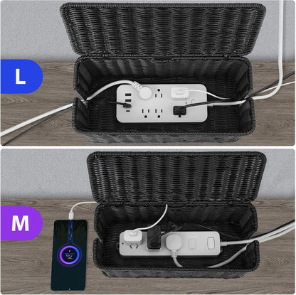 2Pack Large Cable Management Box Black, Handwoven Imitation Rattan Cord Organizer Cord Hider, Desk Cord Management Box to Hide Cords and Power Strips on Desk or Floor