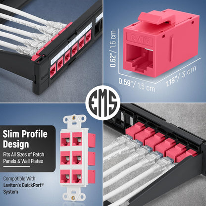 Everest Cat6 RJ45 Keystone Coupler (24-Pack) in Pink - RJ45 Coupler - Cat 6 Couplers - Female to Female Cat6 Keystone Jacks - Ethernet Couplers - Ethernet Cable Extender