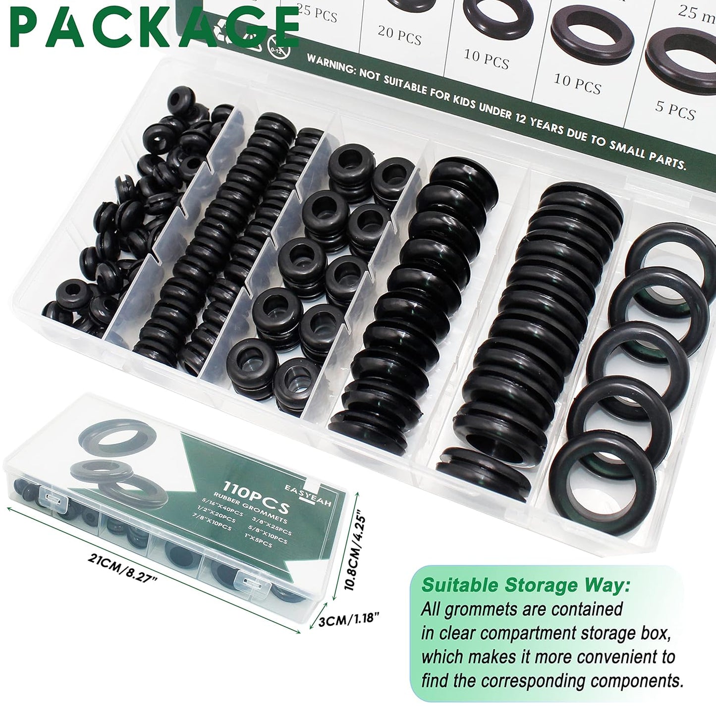 110 Pcs Rubber Grommets for Wiring - Rubber Grommet Assortment Kit 6 Sizes 5/16 3/8 1/2 5/8 7/8 1 Inch, Cable Hole Plug Firewall Automotive Wire Grommets Set for Sheet Metal, Hardware Repair
