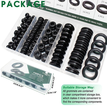 110 Pcs Rubber Grommets for Wiring - Rubber Grommet Assortment Kit 6 Sizes 5/16 3/8 1/2 5/8 7/8 1 Inch, Cable Hole Plug Firewall Automotive Wire Grommets Set for Sheet Metal, Hardware Repair