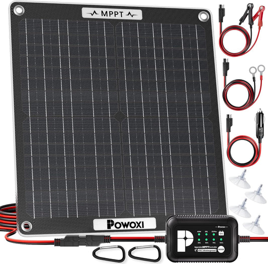 POWOXI 30W Solar Battery Charger: 12V Solar Car Battery Trickle Maintainer - with MPPT Controller Parameter Adjustable - for RV Boat Marine Motorcycle Trailer Truck Tractor - Solar Panel Kit