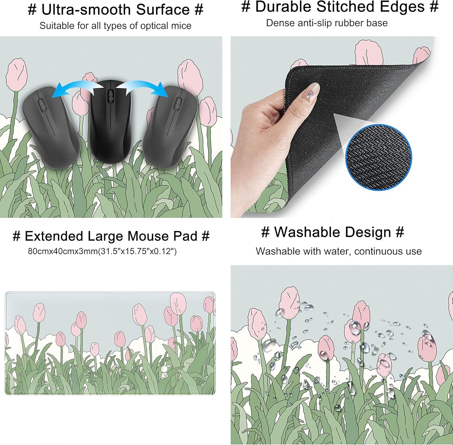 WatercolorTulip Flower Mouse Pads,Extended Gaming Mousepad XXL Kawaii Anime Desk Mat Pink Green Large Full Desk Mouse Pad for Wireless Mouse Keyboard Mat with Stitched Edges 31.5" x15.75