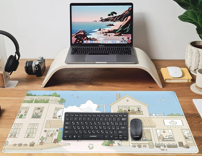 Cute Desk Mat Kawaii Mousepad Japanese Street Mouse Pad, Blue and Brown Cute Anime Keyboard Mat 31.5"x15.75", Large Mouse Pad XXL Gaming Desk Pad XL Office Decor for Women Girls Laptop Keyboard Pad