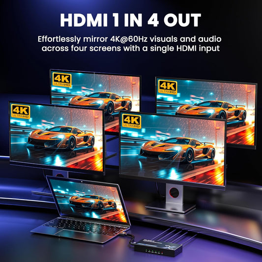 4K HDMI Splitter 1x4 withEDID, 4K@60Hz HDR HDMI 2.0 18Gbps HDMI Duplicator Support HDCP 2.2 for Switch2 Apple TV, PS5, Xbox, Roku, Projector... (4K@60Hz 1 in 4 Out)