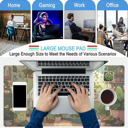 Cute Desk Mat Green Plants Gaming Mouse Pad XXL Large Extended Sage Laptop Keyboard and Mouse Mat with Stitched Edges, Computer Desktop Mat Playmat for Women Office Desk Decor Pad Mat 31.5x15.7 in