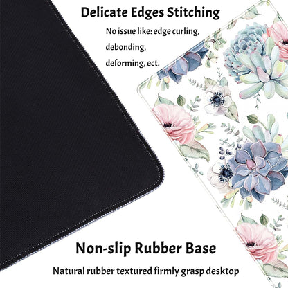 Watercolor Succulents Desk Mat, Plants Succulent Roses Desk Pad Protector, Large Gaming Mouse Pad, Stable Rubber Base Mousepad with Stitched Edges, Keyboard Mouse Mat for Work, Game, Office, Home