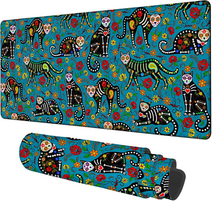Sugar Skull Black Cats Gaming Mouse Pad 3mm Thick Stitched Edge Waterproof Non-Slip Large Computer Keyboard Mouse Mat,Suitable for Office Entertainment Decorative Desk Pad 35.4 x 15.7 Inches