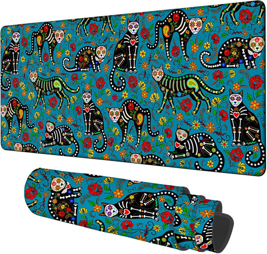 Sugar Skull Black Cats Gaming Mouse Pad 3mm Thick Stitched Edge Waterproof Non-Slip Large Computer Keyboard Mouse Mat,Suitable for Office Entertainment Decorative Desk Pad 35.4 x 15.7 Inches