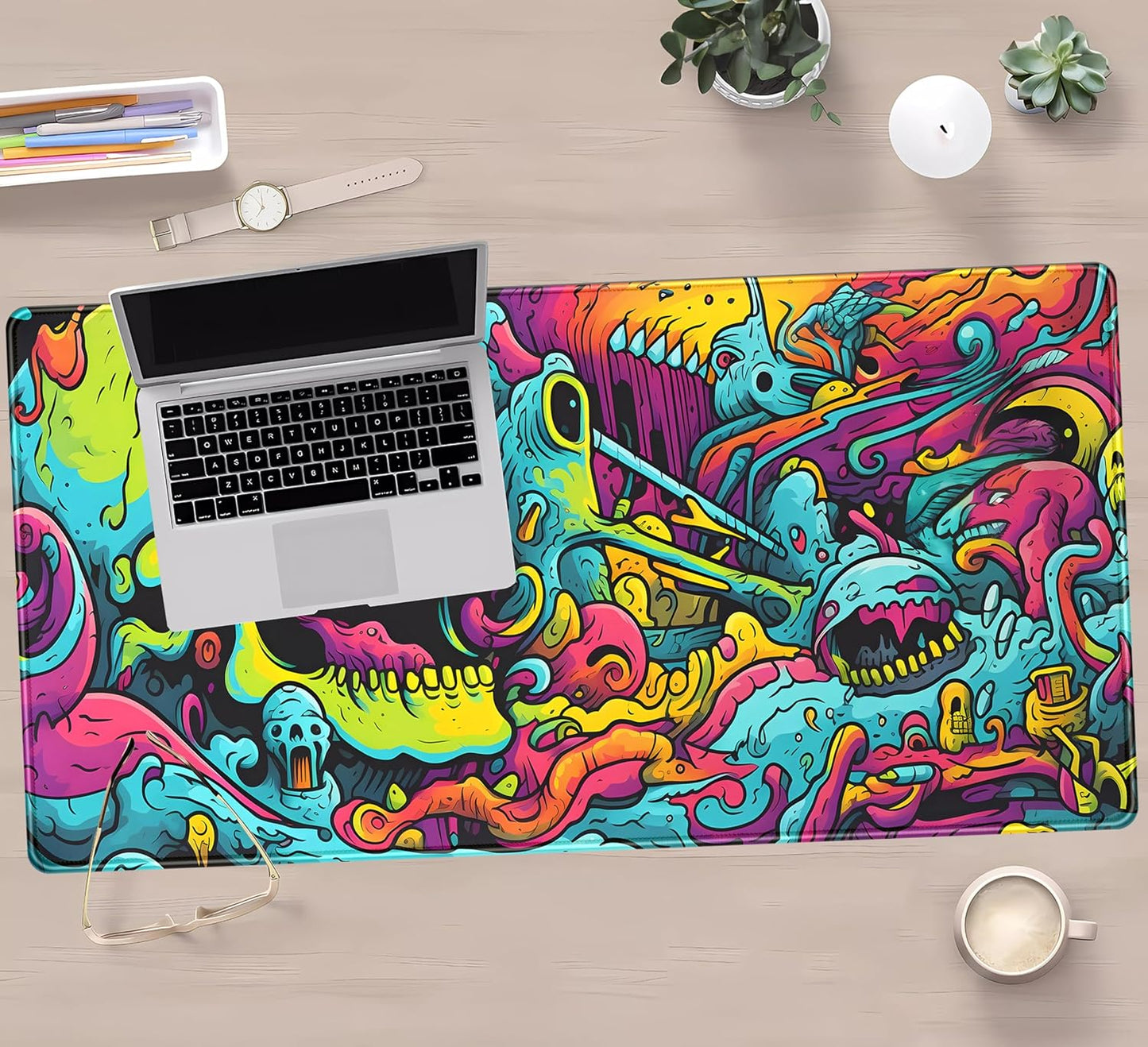 Gaming Desk Mat Skull Desk Pad Extended Mouse Pad XXL, Cool Mouse and Keyboard Mat Big Desktop Mats for Desk, Laptop Mat with Non-Slip Base & Stitched Edges, Office Decor for Men 31.5" x 15.7"