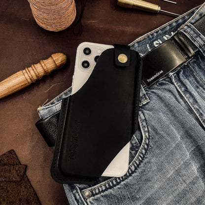 TobbinGear Leather Cell Phone Holster with Belt Clip, Universal Phone Holster for Men Belt Holder, Leather Case for iPhone, Samsung Galaxy Phones, Black, Large