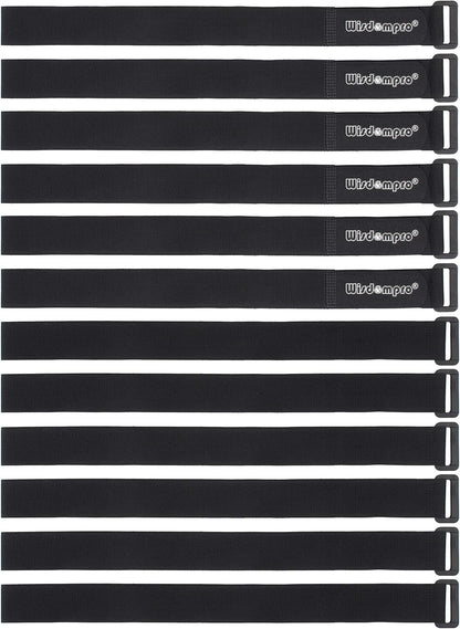 12 Pack 1 x 24 Inches Hook and Loop Reusable Fastening Cable Tie Down Straps by Wisdompro - Reusable, Durable Functional Cinch Strap to Keep Your Home, Office, Workspace from Tangled Messes of Cords