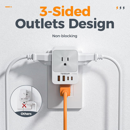 USB C Charger Block 20W PD, TESSAN 4 USB Wall Charger Fast Charging with 3 Outlet Extender Surge Protector, 3 Side Multi Port Adapter, Electric Multiple Outlet Plug for Home Office Dorm Room