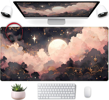 Pink Black Clouds Desk Mat XXL Large Extended Gaming Mouse Pad Celestial Mousepad with Stitched Edges, Office Desktop Decor Desk Pad Computer Mat, Laptop Keyboard and Mouse Mat, 31.5x15.75 in