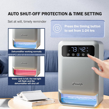 Frizzlife Air Dehumidifier, 135oz Water Tank W/Purifying Function, Quiet Small Dehumidifiers With Sleep Mode For Home, Bedroom, Bathroom, Basement W/Auto Shut Off, 7 Colors LED Light, Gray