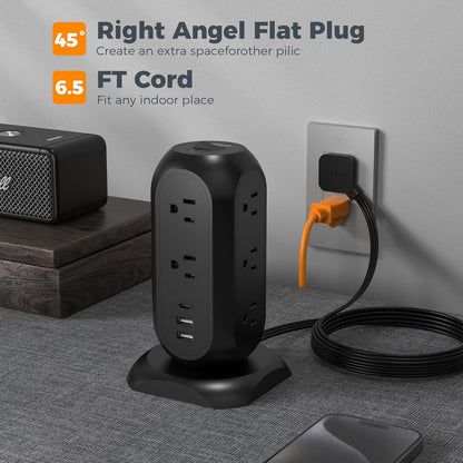 TESSAN Surge Protector Power Strip Tower with 3 USB Ports 11 Outlets, 1875W/15A, Black Extension Cord 6 Feet, 1050J Protection Desktop Charging Station for Office School Dorm Room Essentials