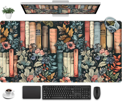 Floral Books Desk Mat Reading Desk Pad Mouse Mat XXL, Colorful Mouse Keyboard Pad Flower Bookshelf Desktop Mat, Long Computer Mats Aesthetic Desk Accessory Reader's Home Decor 31.5" x 15.7"