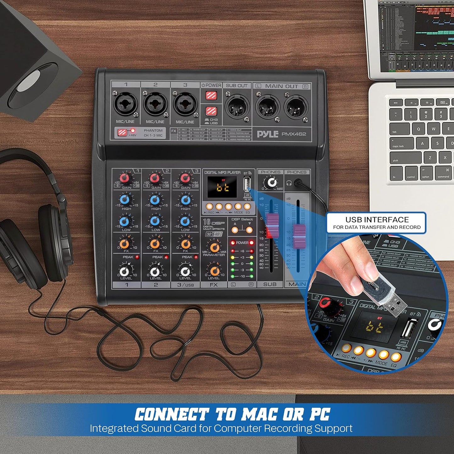 Pyle Professional DJ Audio Mixer - 3-Channel Controller with 16 Preset DSP Effects - USB Interface - 3 Mic/Line Inputs - +48V Phantom Power - Built-in FX Processor - MP3 Player/Headphone Jack - PMX462