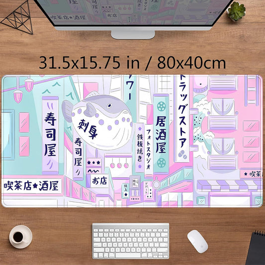 Pastel Tokyo Street Cute Desk Mat - Kawaii Anime Japanese Large Gaming Mousepad - Beige Desktop Laptop Keyboard Mouse Pad - City Aesthetics for Women Girl 31.5x15.75 in