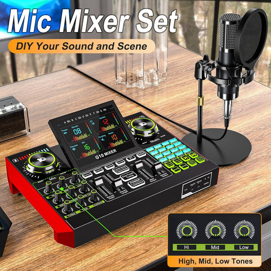 Podcast Microphone Bundle with Live Sound Card Audio Mixer, 3.5mm Condenser Microphone for PC/Phone Streaming and Singing, Podcast Equipment Bundle with Voice Changer sound board