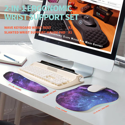 2-in-1 Ergonomic Set, Wave Rise Keyboard Wrist Rest and Massage Bulge Slope Mouse Pad Wrist Support, Cushion Memory Foam Integrated to Relieve Wrist Pain, Galaxy