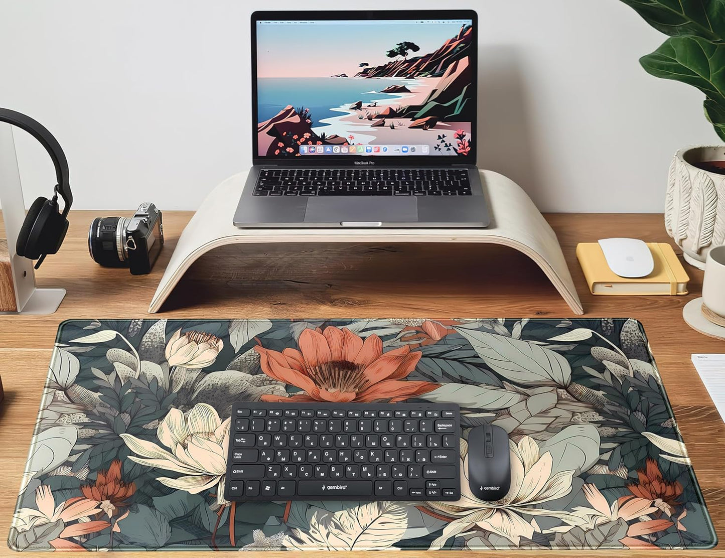 Vintage Floral Desk Mat XXL Large Gaming Mouse Pad Extended Desk Pad, Tropical Plants Laptop Keyboard Mouse Mat with Stitched Edges 31.5x15.75 in, Computer Mat Mousepad for desk Decor Office Gift