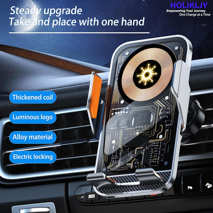 Wireless Charger Holder, Auto Clamp Vent Phone Mount - 15W Fast Charging Dual Induction Car Phone Mount with Transparent Design for iPhone 16 Pro Max 15 14 13 12 11, Sumsung S24 S23 S22 Series