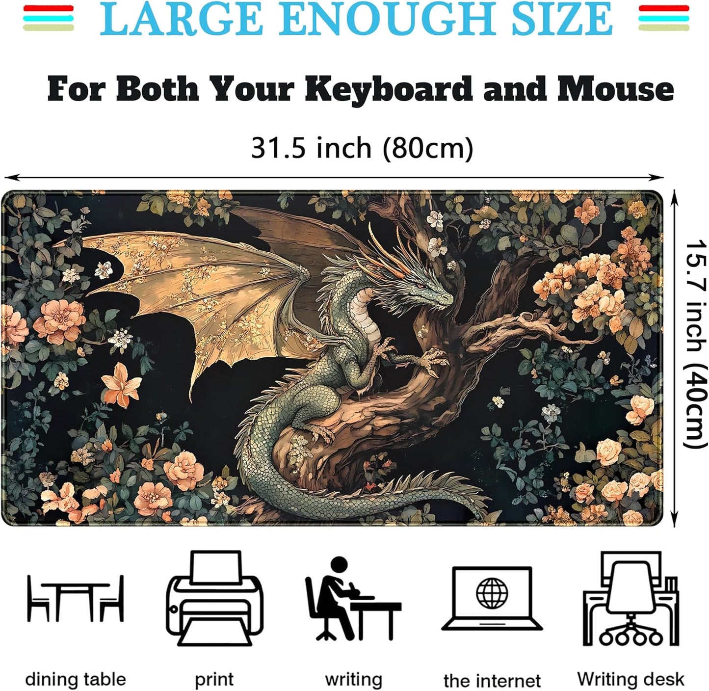 Desk Mat Cute Enchanted Forest Dragon Kawaii Mouse Pad XXL Large Extended Vintage Academia Anime Desk Pad, Cozy Computer Playmat Laptop Keyboard and Mouse Mat with Stitched Edges, 31.5x15.7 in