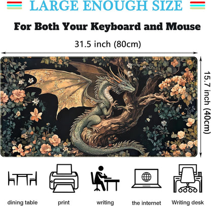 Desk Mat Cute Enchanted Forest Dragon Kawaii Mouse Pad XXL Large Extended Vintage Academia Anime Desk Pad, Cozy Computer Playmat Laptop Keyboard and Mouse Mat with Stitched Edges, 31.5x15.7 in