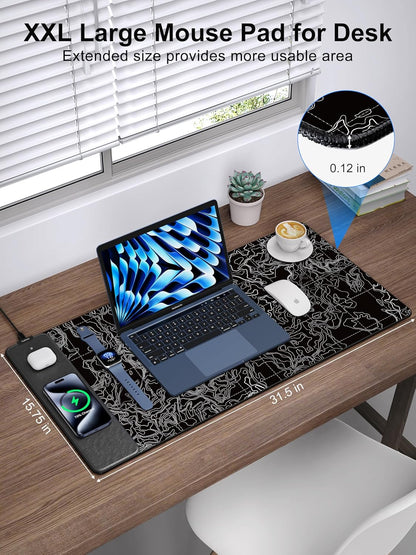 TopMade Mouse Pad with 15W Fast Wireless Charging, 31.5"x15.75" XXL Large Gaming Waterproof Desk Pad with Ultra-Smooth Surface, Non-Slip Base, Computer Desk Mat, Black Topographic Map #3