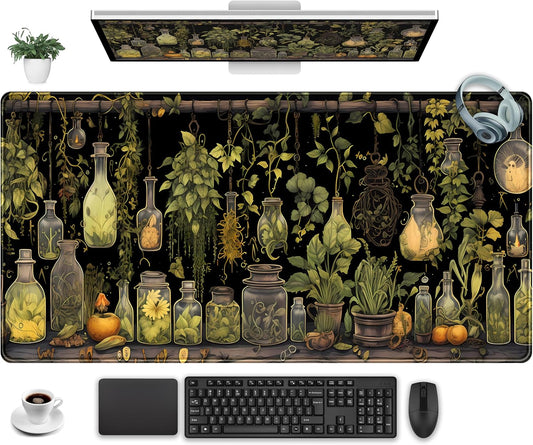 Desk Mat Green Plants Mouse Pad Gaming Mat Dark Keyboard Mat, Long Mouse Mat XXL Extended Desktop Mat Magical Bottles Computer Mats with Stitched Edges, Office Desk Accessory 31.5" x 15.7"