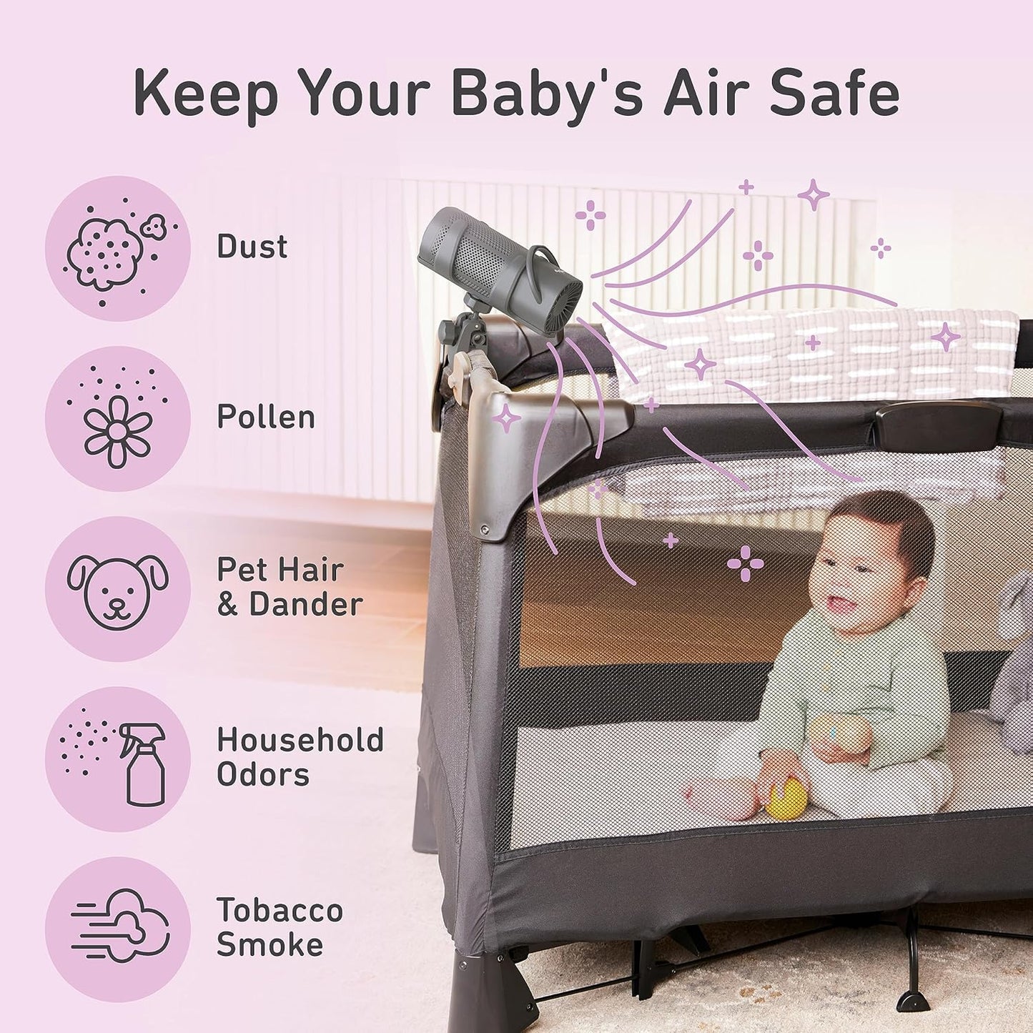 Pure Enrichment PureBaby On-the-Go Air Purifier - Portable Stroller Air Purifier & Adjustable Clamp for Car Seat, Crib, Bassinet & Playpen - True HEPA Filter Removes 99.97% of Allergens Around Baby