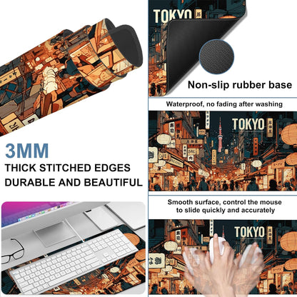 Gaming Desk Pad Large Extra Length Tokyo Japan Mouse Pad Keyboard Laptop Non-Slip Waterproof with Rubber Base Thick Stitched Edge Mouse Mat for Office Home 35.4 x 15.7 Inches