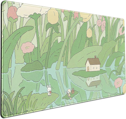 Kawaii Green Desk Mat Cute Mouse Pad Japanese, Flowers and Plants Keyboard Mat, Anime Aesthetics Large Mousepad XXL Gaming Desk Pad XL Office Home Decor for Women Girls Keyboard Pad 31.5"x15.75"