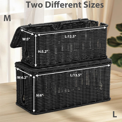 2Pack Large Cable Management Box Black, Handwoven Imitation Rattan Cord Organizer Cord Hider, Desk Cord Management Box to Hide Cords and Power Strips on Desk or Floor