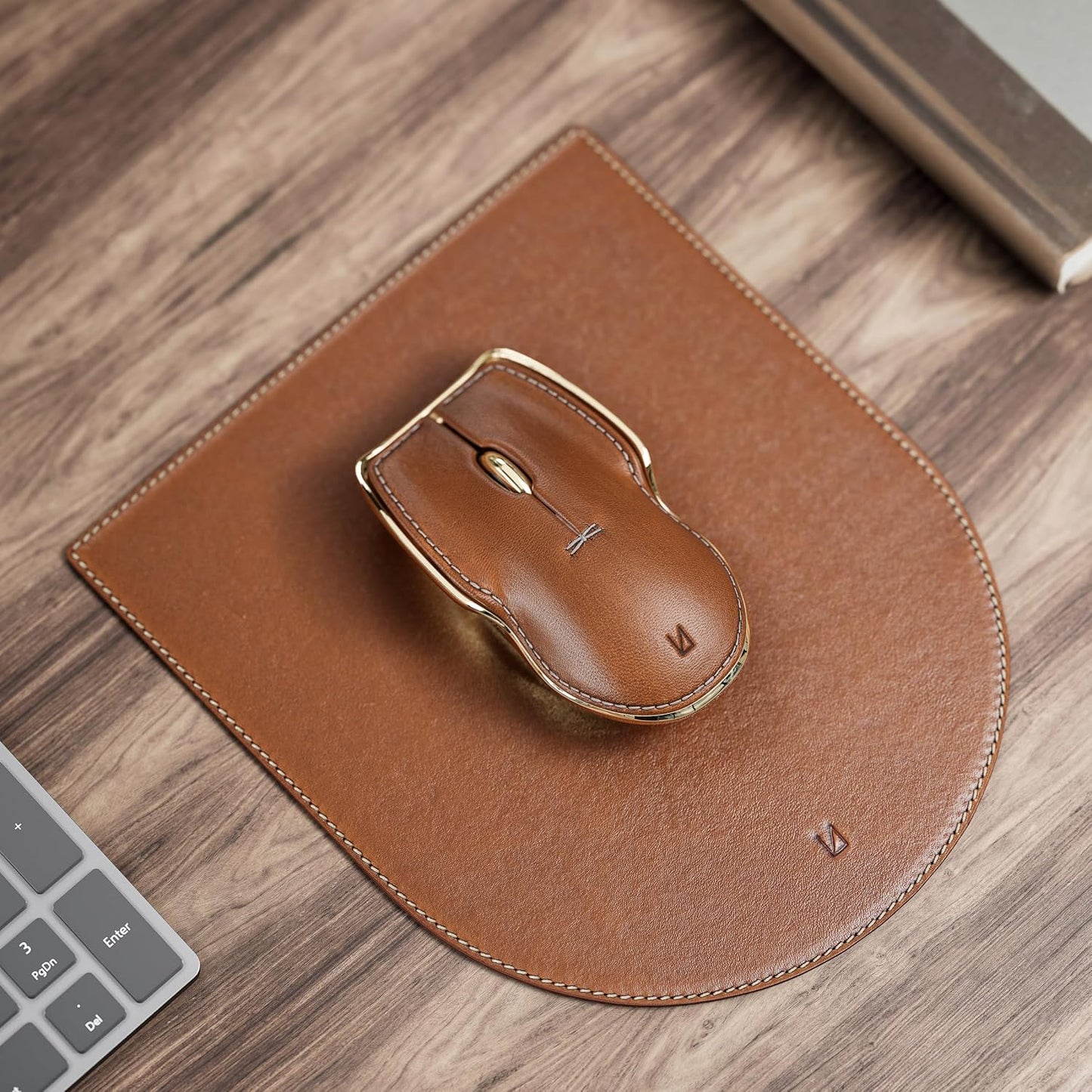 LUNAR ARTEFACTS Ambidextrous Rechargeable Bluetooth Wireless Computer Mouse Brown French Leather and Gold Tone Plated Aluminum, Qi Enabled USB-C