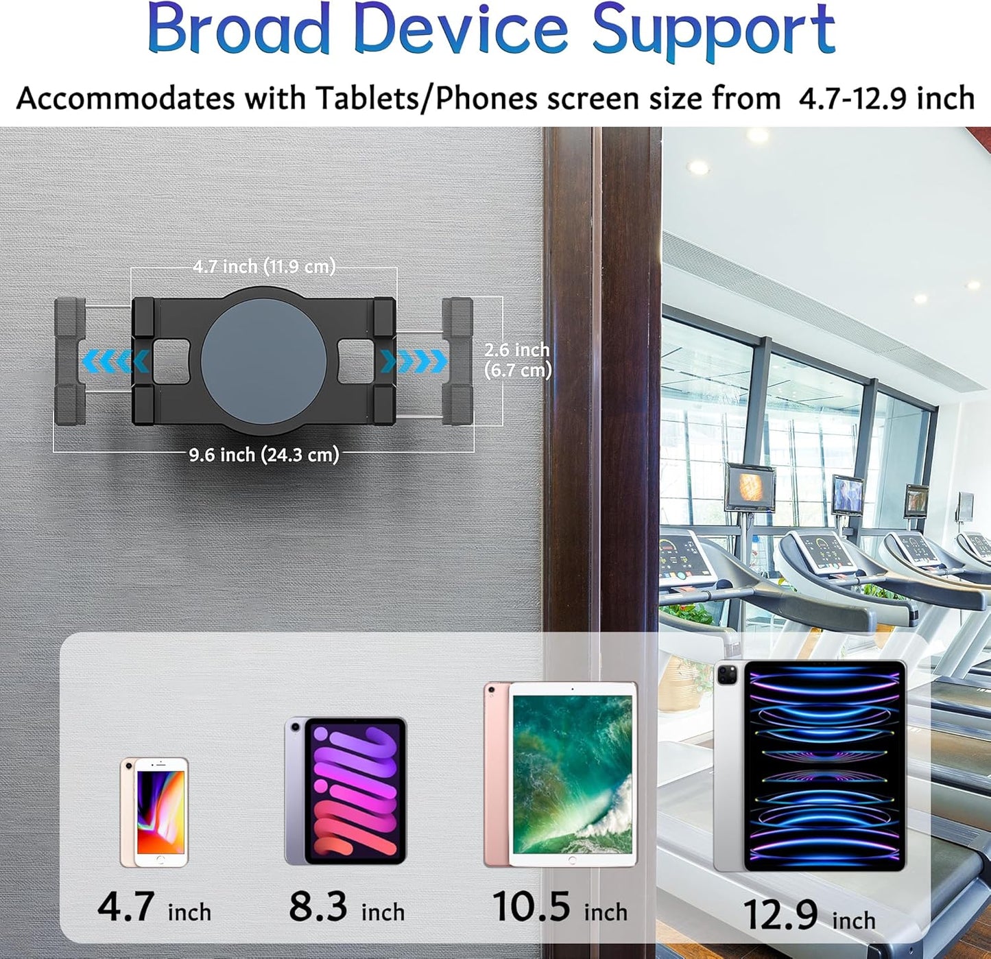 Treadmill Tablet iPad Holder, Aluminum Indoor Exercise Bike Handlebar Mount Clamp for Stationary Elliptical Bicycle Peloton Spin Bike Stroller, Compatible with 4.7"-12.9" Tablets/iPad/Phones