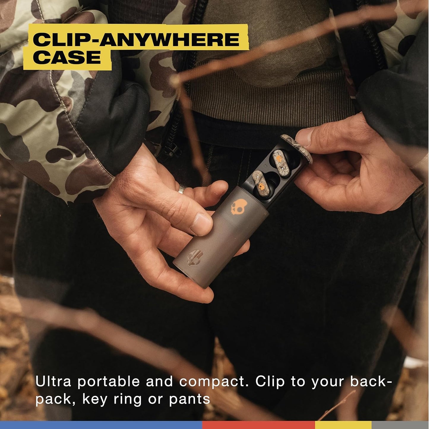 Skullcandy Dime Evo Wireless Earbuds, Bluetooth Headphones, Noise Isolating Fit, Up to 36 Hours Battery, Microphone, Easy Carry with Clip-Anywhere Case - Realtree APX Black/Orange