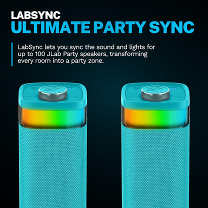 JLab JBuds Party Portable Bluetooth Speaker, 2 Full-Range Drivers + 2 Passive Woofers, IP56 Waterproof, 12 Hours Playtime, Connect Multiple Speakers, Custom Sound + RGB Lighting via App, Cyan