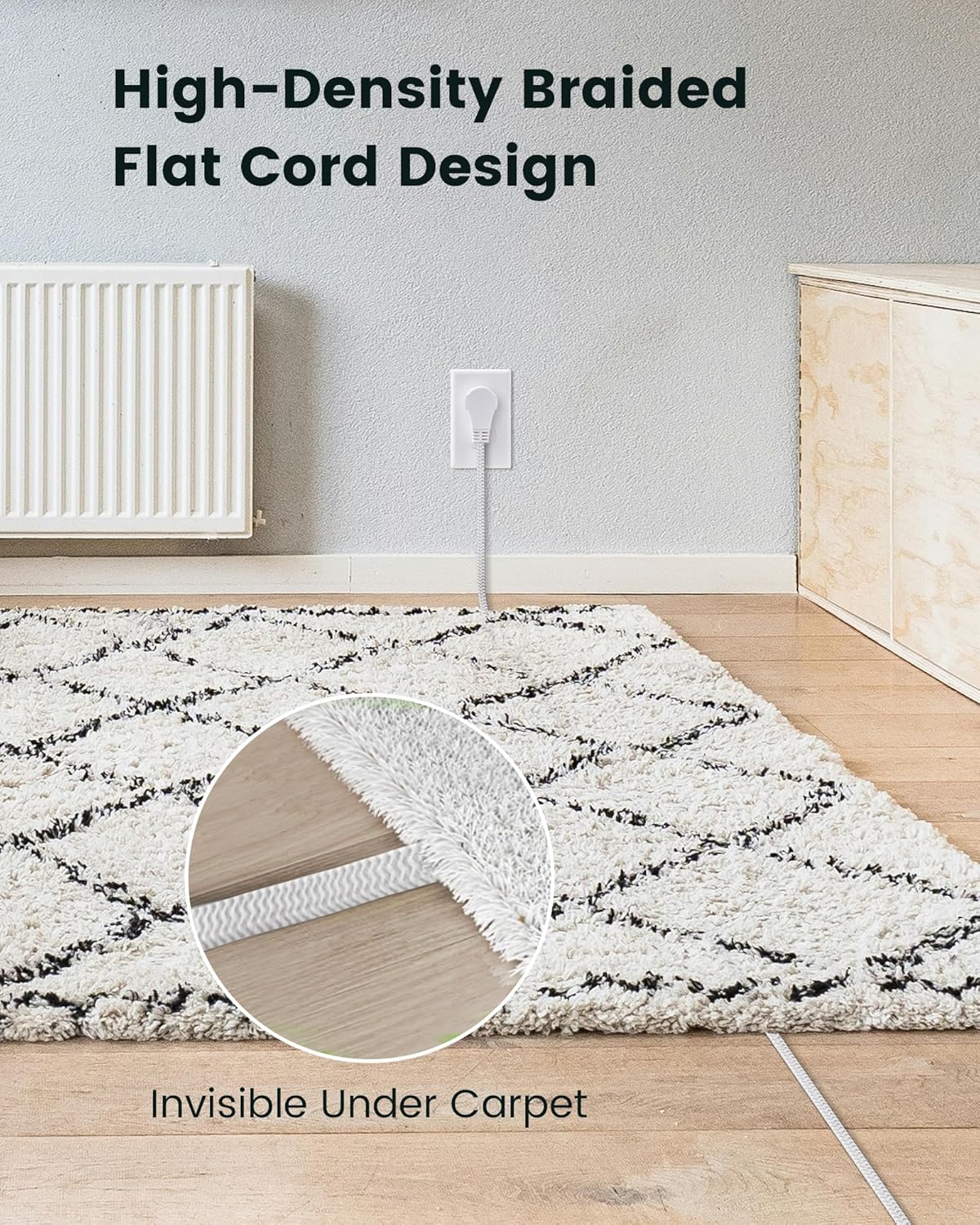 SURAIELEC 6FT Flat Extension Cord with 360° Rotating Plug, Braided Flat Plug with 3 Outlets, 16 AWG Thin White Extension Cord for Indoor Use, Home, Office, Compact Spaces, ETL Listed