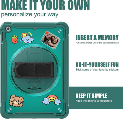 ZenRich Clear Case for iPad 9th/8th/7th Generation 10.2 inch 2021/2020/2019, Shockproof Slim Hard Case with Pencil Holder/360°Rotating Kickstand/Handle/Carrying Strap, MidnightGreen