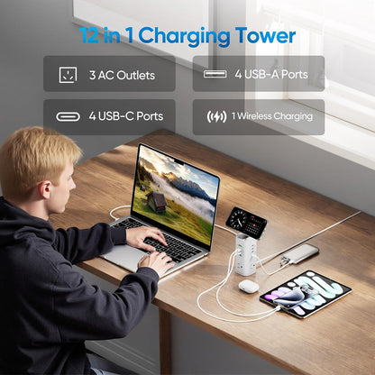 Tower Power Strip Surge Protector with 3 AC Outlets & 8 USB Ports (4 USB-C), TenTrend 160W Fast Charging Station, 5 FT Flat Plug Extension Cord with Multiple Outlets for Home Office Dorm Room