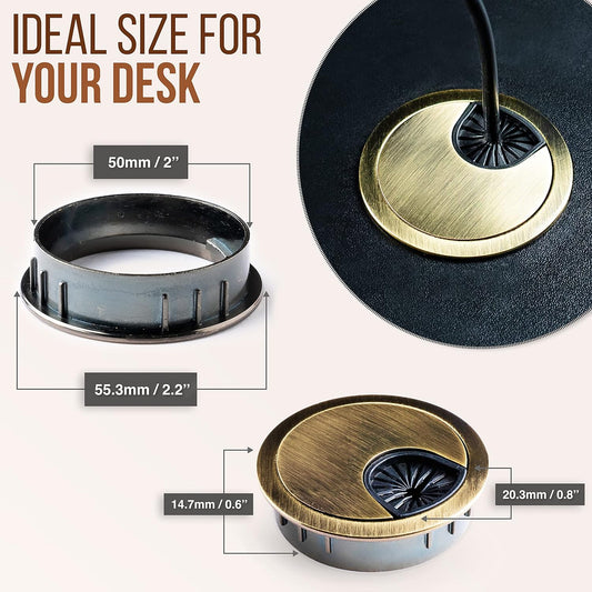MAHDPRO Metal Desk Grommet 2 Inch (50 mm) Pack of 2-Bronze Zinc Alloy Metallic Desk Cord Hole Cover to Arrange Cables & Wires Through Computer Table/Countertops
