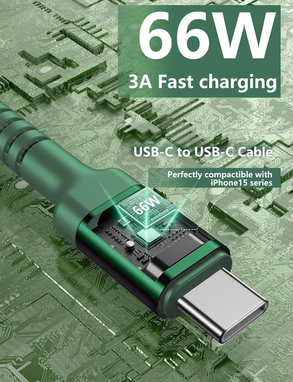 USB C Cable 6FT, 2Pack USBC to USBC Fast Charging Cable, iPhone 16 15 Charger Cable Long Type C Cord Nylon Braided Compatible with iPhone 16/15/Pro Max/Plus/Samsung Galaxy S23/LG/Switch-Green