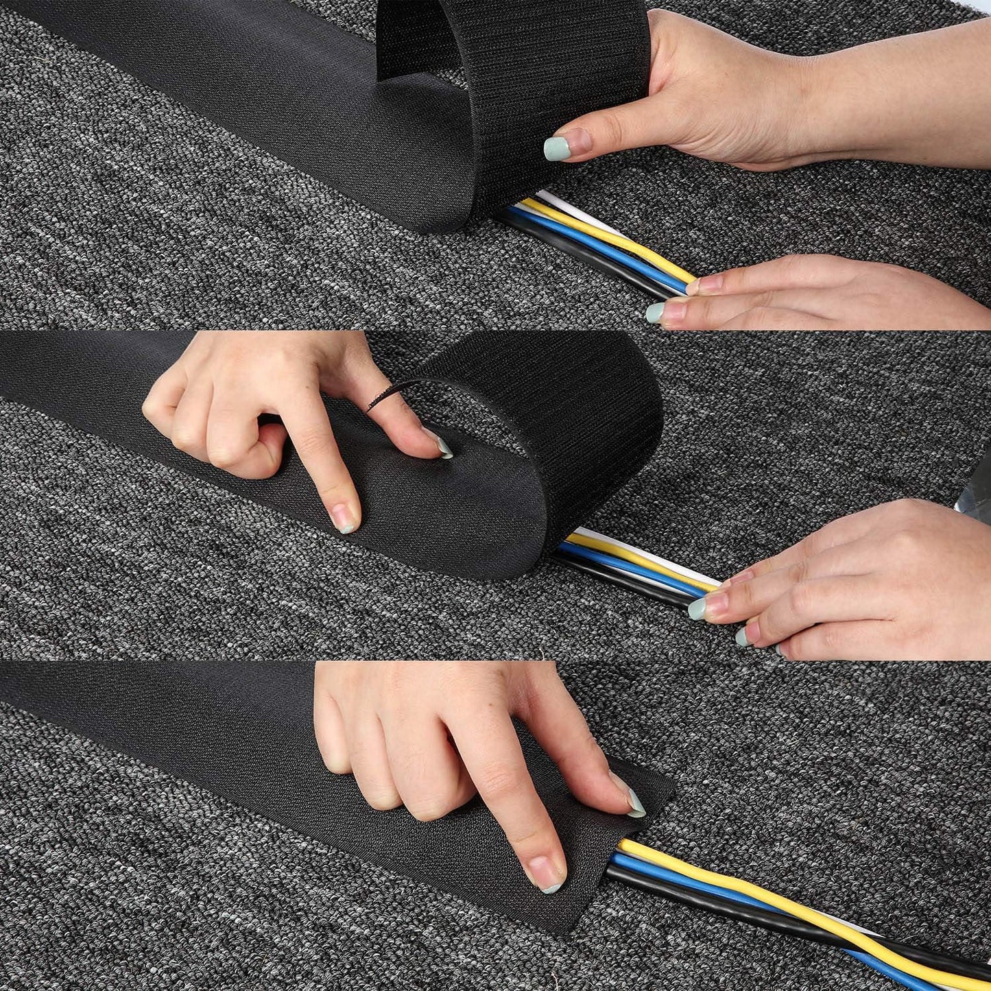 WILLBOND 2 Pack 10 ft x 3 Inch Cable Floor Strip Cable Cover Cords Carpet Protector Management Hook and Loop Tape for Wires on Floor Cords and Prevent a Trip Hazard (Black)