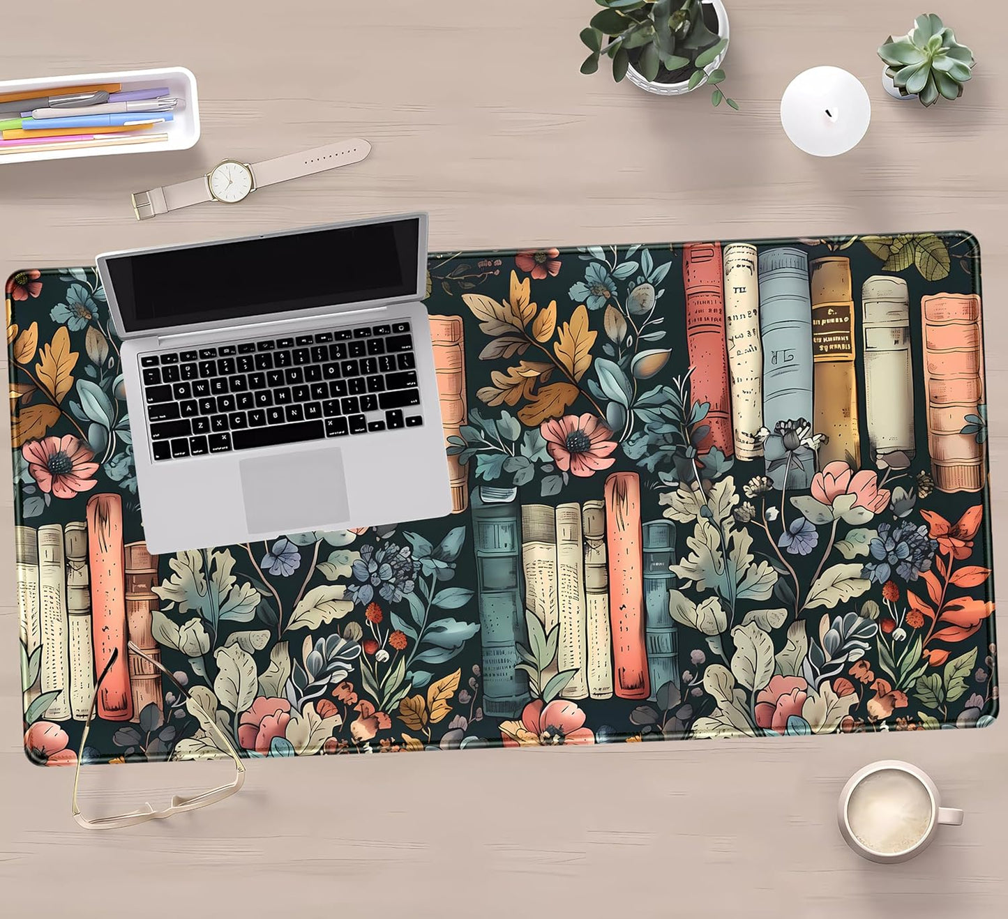 Floral Books Desk Mat Reading Desk Pad Mouse Mat XXL, Colorful Mouse Keyboard Pad Flower Bookshelf Desktop Mat, Long Computer Mats Aesthetic Desk Accessory Reader's Home Decor 31.5" x 15.7"